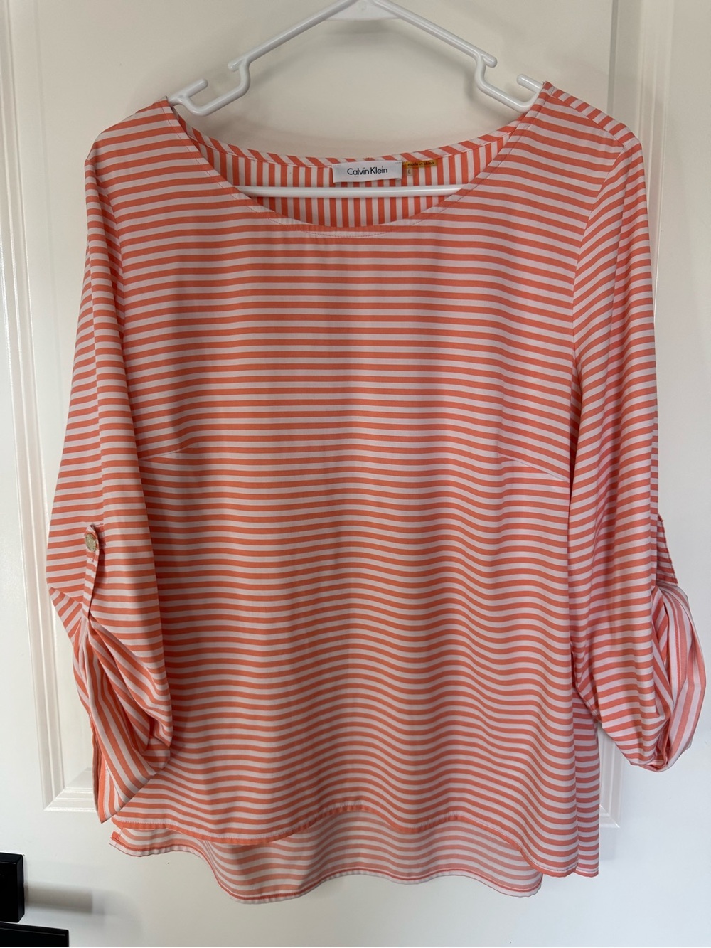Calvin Klein Coral and White Striped Boatneck Blouse